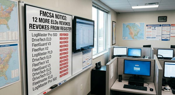 List of 12 FMCSA revoked ELD devices graphic with Geotab replacement software